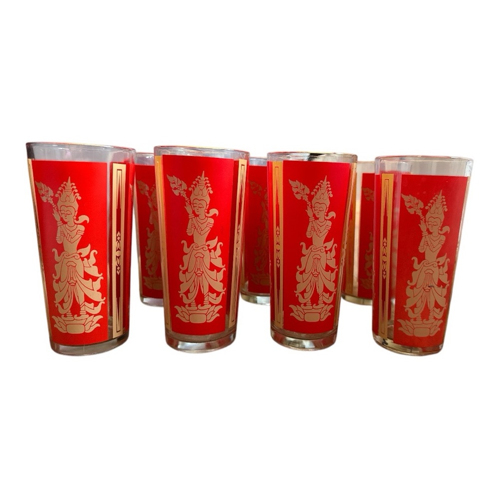 Set of 7 goddess 22k gold printed Thai Goddess high ball glasses